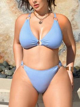 SHEIN Swim Vcay Plus Size Solid Color Bikini Set With Ring Decoration And Back Tie Bra & Bikini Bottom For Women Summer Beachwear offers at $16.14 in SheIn