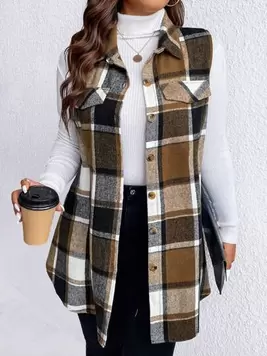 SHEIN Essnce Plus Plaid Print Flap Detail Sleeveless Coat offers at $23.89 in SheIn