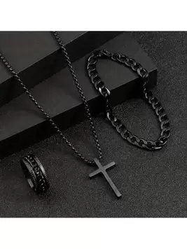 3pcs Men's Fashion Versatile Stainless Steel Jewelry Set, Black Cross Necklace, Bracelet And Ring offers at $3.2 in SheIn