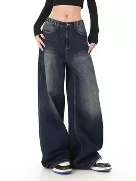 Teen Girls Vintage Dark Blue Wide Leg Loose Fit Washed Baggy Denim Jeans offers at $22.63 in SheIn