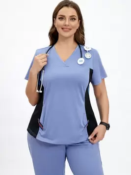 SHEIN TaskFit Plus Size Women's Summer Blue Nurse Uniform Jogging Micro Stretch Top Multi Pocket Nurse Beautician Work Clothes Scrub Women's Scrub Niahinn Scrub Women's Nurse Scrub Uniform Work Sho... offers at $17.49 in SheIn