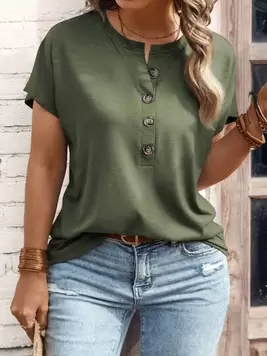 SHEIN LUNE Plus Size Women Summer Plain Button Half Placket Round Neck Short Sleeve Casual T-Shirt offers at $13.13 in SheIn