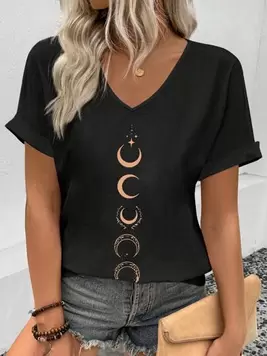 SHEIN LUNE Plus Size Women Summer Moon Printed V-Neck Short Sleeve Casual T-Shirt offers at $12.06 in SheIn