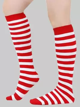 1 Pair Red & White Striped Mid-Calf And Over-The-Knee Unisex Socks offers at $3.06 in SheIn