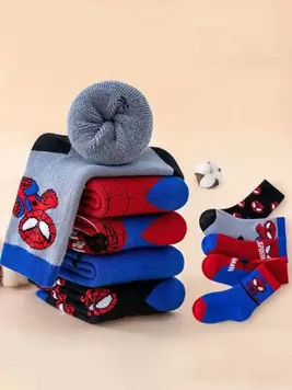 POTDEMIEL 5 Pairs Kids/Children Thick Warm Superhero Spider-Man Cartoon Socks, Girls Mid-Calf & Boys Winter Socks, Korean Style Breathable Baby Toddler Socks For School/Home offers at $9.1 in SheIn