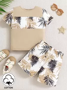 SHEIN Young Boy 2pcs/Set Casual Holiday Palm Leaf Printed Round Neck Short Sleeve T-Shirt And Shorts For Summer offers at $12.19 in SheIn