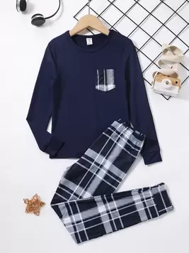 Tween Boy Plaid Print Pocket Patched Fitted Snug Fit PJ Set offers at $16.59 in SheIn