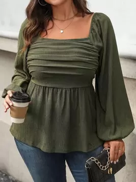 SHEIN Frenchy Plus Size Women Spring/Summer Solid Square Collar Ruched Lantern Sleeve Elegant Blouse offers at $26.09 in SheIn