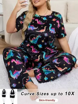 SHEIN CURVE+ Plus Size Colorful Gradient Dinosaur Short Sleeve And Long Pants Pajama Set offers at $37.79 in SheIn