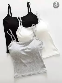 3pcs Women Solid Color Ribbed Camisole Tank Tops With Pad, Casual Undershirt offers at $21.09 in SheIn