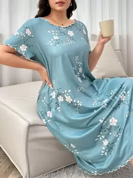 Plus Size Flower Printed Short Sleeve Sleep Dress Pajama Dress offers at $8.07 in SheIn