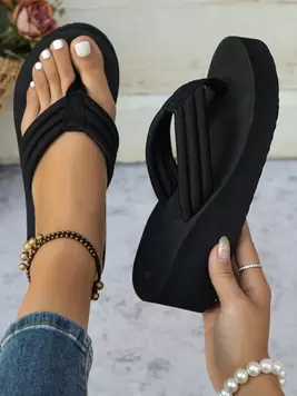 Women's Summer New Non-Slip Thick Sole Beach Sandals, Wedge High Heel Thong Flip Flops, Ideal For Outdoor Beach Weddings offers at $15.8 in SheIn