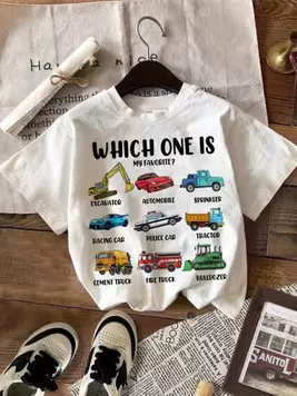 SHEIN Young Boy Casual Minimalist Cartoon Car Pattern Short Sleeve Round Neck T-Shirt, Suitable For Summer, Cotton Included offers at $6 in SheIn