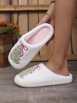 2024 New Christmas Tree Embroidery Pattern Indoor Plush Slippers For Women, Autumn/Winter Christmas Best Seller, Anti-Slip Thick Sole Cozy Home Warm Fur Slippers offers at $12.78 in SheIn