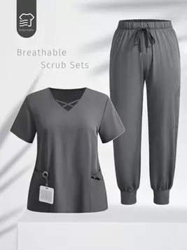 SHEIN TaskFit Plus Size Women Healthcare Scrub Uniform V-Neck Short Sleeve Blouse And Pants Set offers at $39.09 in SheIn