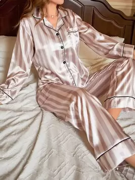 Shein CoupledUp Striped Print Contrast Piping Satin PJ Set / Pajama Set offers at $13.08 in SheIn