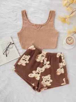 2pcs  Solid Rib Knit Camisole & Flannel Bear Print Shorts Sleepwear Set offers at $13.43 in SheIn