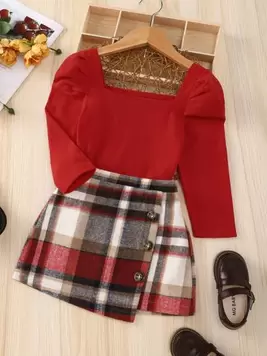 SHEIN 2pcs/Set Christmas Young Girl Ruffle Collar Gigot Sleeve Red T-Shirt Paired With Classic Red & White Plaid Asymmetrical Hem Skirt Casual Outfit, Suitable For Christmas And Other Occasions offers at $10.08 in SheIn