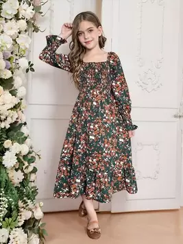 Tween Girls Ditsy Floral Square Neck Shirred Fitted Dress With Ruffle Hem And Lantern Sleeves, Elegant Ditsy Floral Dress, Suitable For Spring Outing offers at $23.39 in SheIn