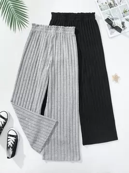 Tween Girl 2 Pieces Of Soft And Comfortable Straight-Leg Pants In Black And Grey-Green offers at $15.47 in SheIn