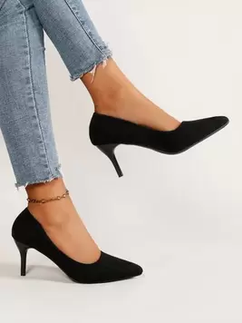 Women Wide Fit Minimalist Point Toe Stiletto Heeled Pumps, Elegant Black Faux Suede Court Pumps offers at $23.79 in SheIn