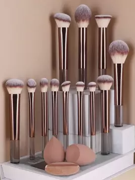 15pcs Makeup Brush Set, Including Powder Brush, Blush Brush, Highlighter Brush, Eyeshadow Brush, Lash Brush, Eyeliner Brush, Angled Makeup Sponge, Round Makeup Sponge, Round Powder Puff, Triangle P... offers at $3.76 in SheIn