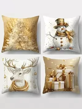 4 Piece Christmas Pillow Case - Contemporary Style, Cute Christmas Snowman And Cartoon Elk & Christmas Tree Print, Zipper Closure, Hand Wash, Woven Polyester For Living Room Decor, Golden Christmas... offers at $10 in SheIn