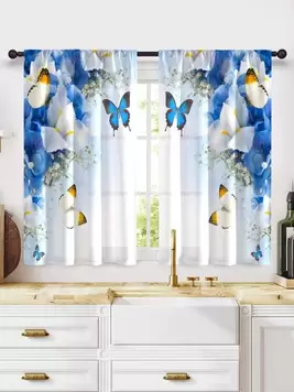 2pcs Blue & White Flower & Butterfly Printed Decorative Rod Pocket Curtain For All Seasons, Ideal For Kitchen offers at $12.9 in SheIn