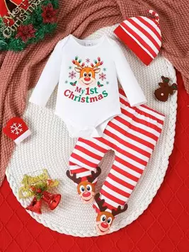 3pcs Newborn Baby Boy Spring Outfit Set: Cute Reindeer Print Long Sleeve Romper, Matching Reindeer Pants And Hat offers at $14.39 in SheIn