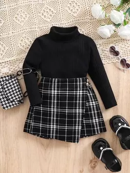 SHEIN 2pcs Baby Girl Knit Black Long Sleeve Shirt And Plaid Elastic Waist Shorts Set, Autumn/Winter offers at $12.79 in SheIn