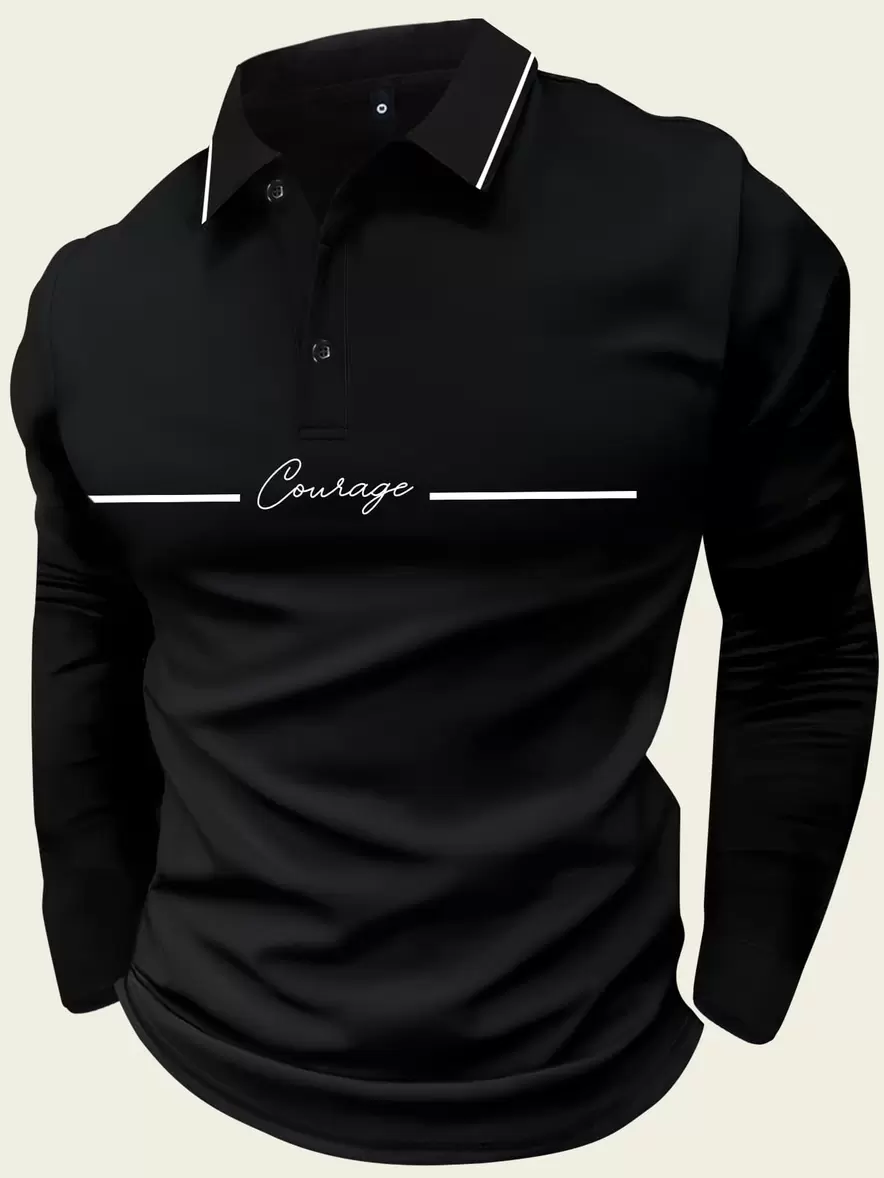 Men's Long Sleeve Polo Shirt With 'Courage' Print, Casual And Business Casual Attire For Fall/Spring, Lightweight And Ideal For Daily Outings offers at $17.26 in SheIn