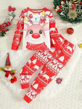 Merry Christmas Girls Pajamas Girls' Christmas Elements Digital Printing Brings Out The Christmas Atmosphere Tight Long-Sleeved T-Shirt And Tight Trousers Set Snug Fit offers at $10.54 in SheIn