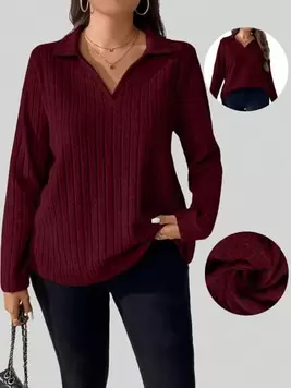 SHEIN LUNE Plus Size Women Solid Color Long Sleeve Ribbed Casual T-Shirt, Autumn offers at $14.08 in SheIn