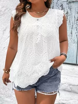 SHEIN VCAY Plus Eyelet Embroidery Lace Trim Blouse offers at $14.19 in SheIn