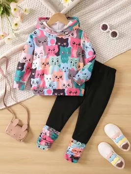 SHEIN Young Girl Cartoon Graphic Hoodie & Ruched Hem Leggings offers at $14.01 in SheIn