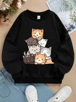 SHEIN Tween Girl Round Neck Long Sleeve Casual Cat Print Tween Girl Hoodie With Cartoon Design Lining, Warm Sports Jacket offers at $11.7 in SheIn