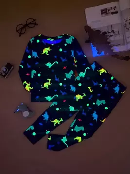 SHEIN Young Boy Fun Glow-In-The-Dark Dinosaur Patterned Tight Pajama Set offers at $14.19 in SheIn