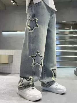 Teen Boy Straight Leg Distressed Denim Jeans, Fashionable Pentagram Flared Pants offers at $26.68 in SheIn