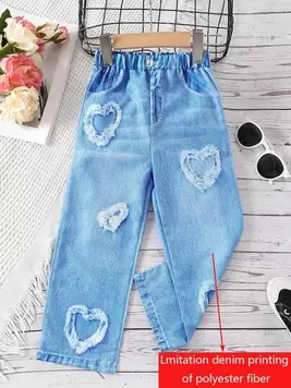 Young Girl Heart Design Casual Denim Look Long Pants (Non-Denim Fabric), Summer offers at $8.49 in SheIn