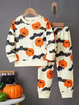 2pcs Young Boy Trendy Halloween Pumpkin & Bat Print Sweatshirt And Pants Set offers at $14.08 in SheIn