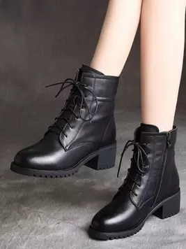 New Korean Style Versatile British Soft Leather  Boots For Women, Mid-Heel, Fur-Lining, Thick Sole, Ankle Boots offers at $21.95 in SheIn