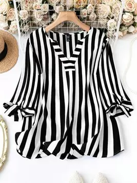 SHEIN LUNE Plus Size Women Loose Striped Shirt With Notched V-Neckline, Tie Front And Short Sleeves For Spring And Summer offers at $16.79 in SheIn