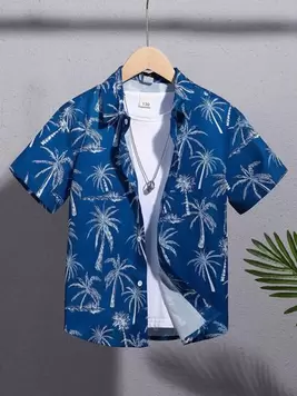 SHEIN Tween Boy Casual Coconut Tree Print Short Sleeve Woven Shirt With Lapel Collar, Vacation Style offers at $8.77 in SheIn