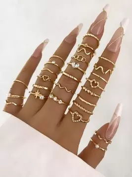 28pcs/set Fashionable Ring Set With Heart Shaped Design, Geometric Style And Bohemian Element Accent offers at $3.9 in SheIn