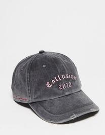 COLLUSION Unisex washed distressed slogan collegiate cap in gray offers at $22.99 in Asos