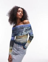 Topshop abstract floral landscape long sleeve bardot top in blue offers at $49.99 in Asos