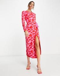 Never Fully Dressed leopard knit wrap midi dress in pink and red offers at $224 in Asos