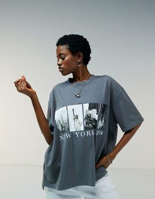 ASOS DESIGN boyfriend fit T-shirt with New York 1994 graphic in washed charcoal offers at $22.99 in Asos