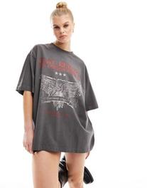 ASOS DESIGN boyfriend fit T-shirt with red rock graphic in washed charcoal offers at $22.99 in Asos