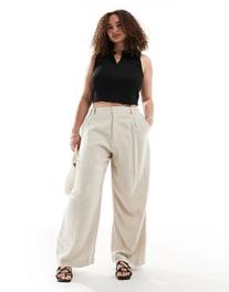 ASOS DESIGN Curve Wide leg dad pants with linen in natural offers at $40 in Asos